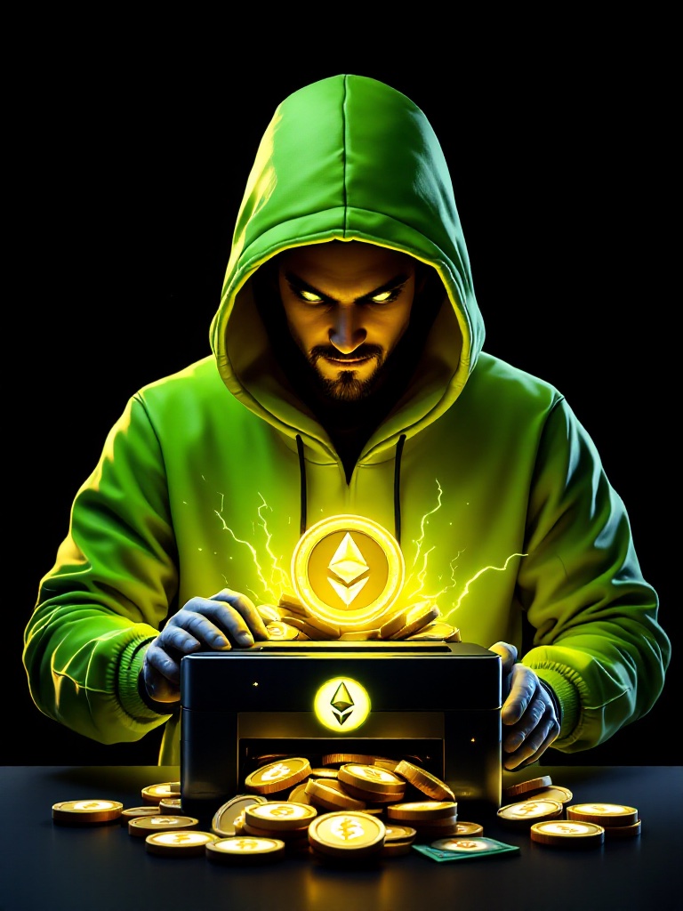 Hood Printer mascot — a hooded figure in a neon-green hoodie running a money printer that prints ETH